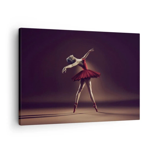Canvastavla - Bild på duk - En balettdansös i en röd klänning mot bakgrund av en scen - 70x50cm - Prima ballerina - Modern väggdekoration för vardagsrum och sovrum ARTTOR