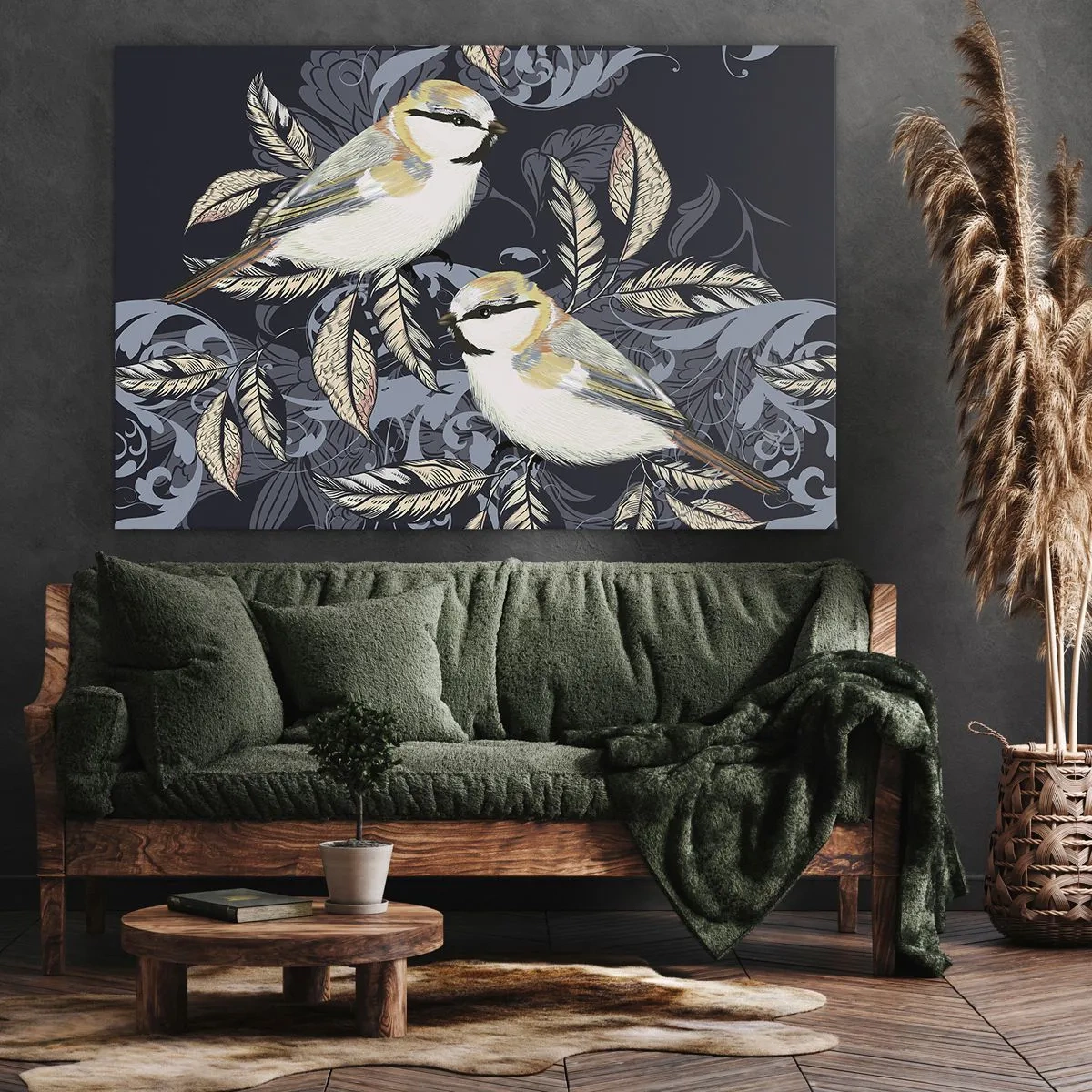 Canvastavla - Bild på duk - Fåglar på grenar i en dekorativ bakgrund - 70x50cm - Gul-grå fågelsång - Modern väggdekoration för vardagsrum och sovrum ARTTOR