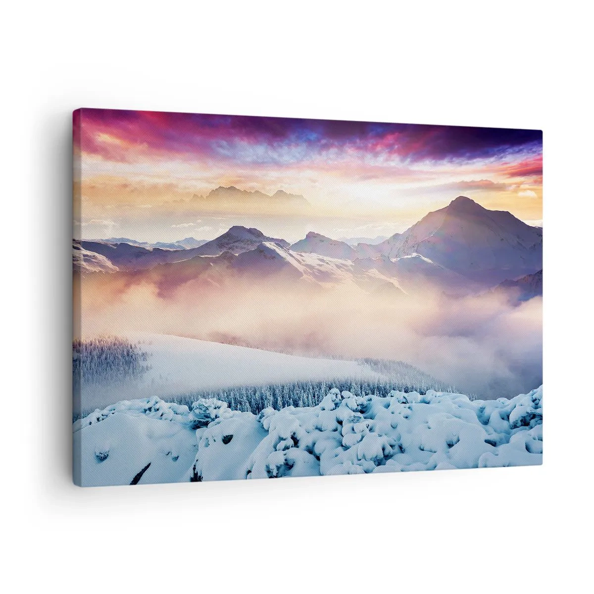 Canvastavla - Bild på duk - Snötäckta berg i gryningen med en färgglad himmel - 70x50cm - Naturens styrka och renhet - Modern väggdekoration för vardagsrum och sovrum ARTTOR
