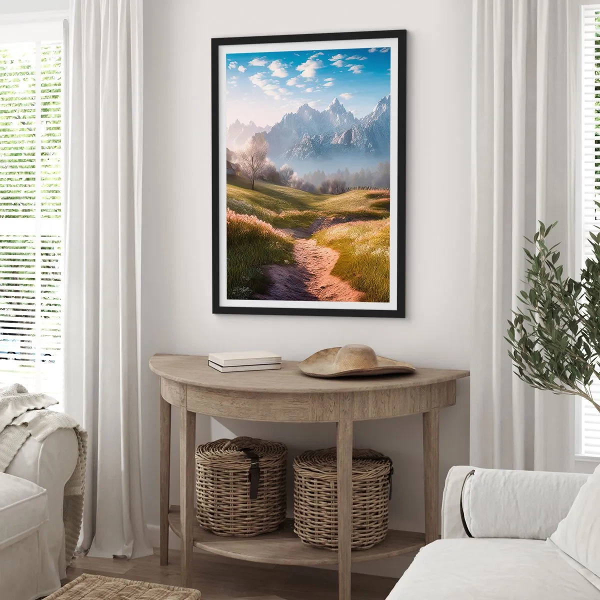 Affisch i svart ram - En bergsstig som leder genom en grön dal vid soluppgången - 50x70cm - Idyllisk dal - Modern väggdekoration för vardagsrum och sovrum ARTTOR