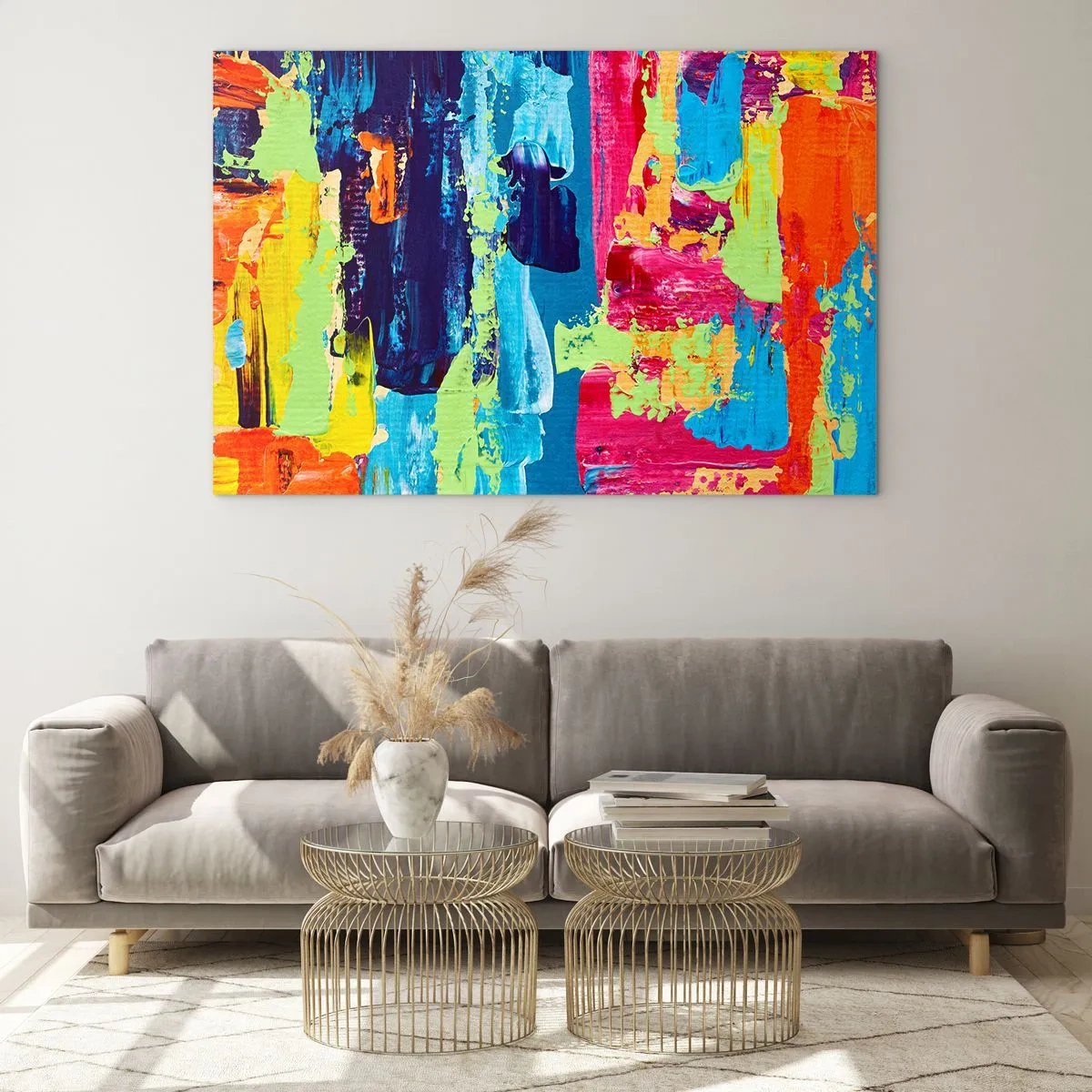 Glastavla - Bild på glas - En illustration av en abstrakt målning i intensiva färger - 70x50cm - Livet är skönt! - Modern väggdekoration för vardagsrum och sovrum ARTTOR