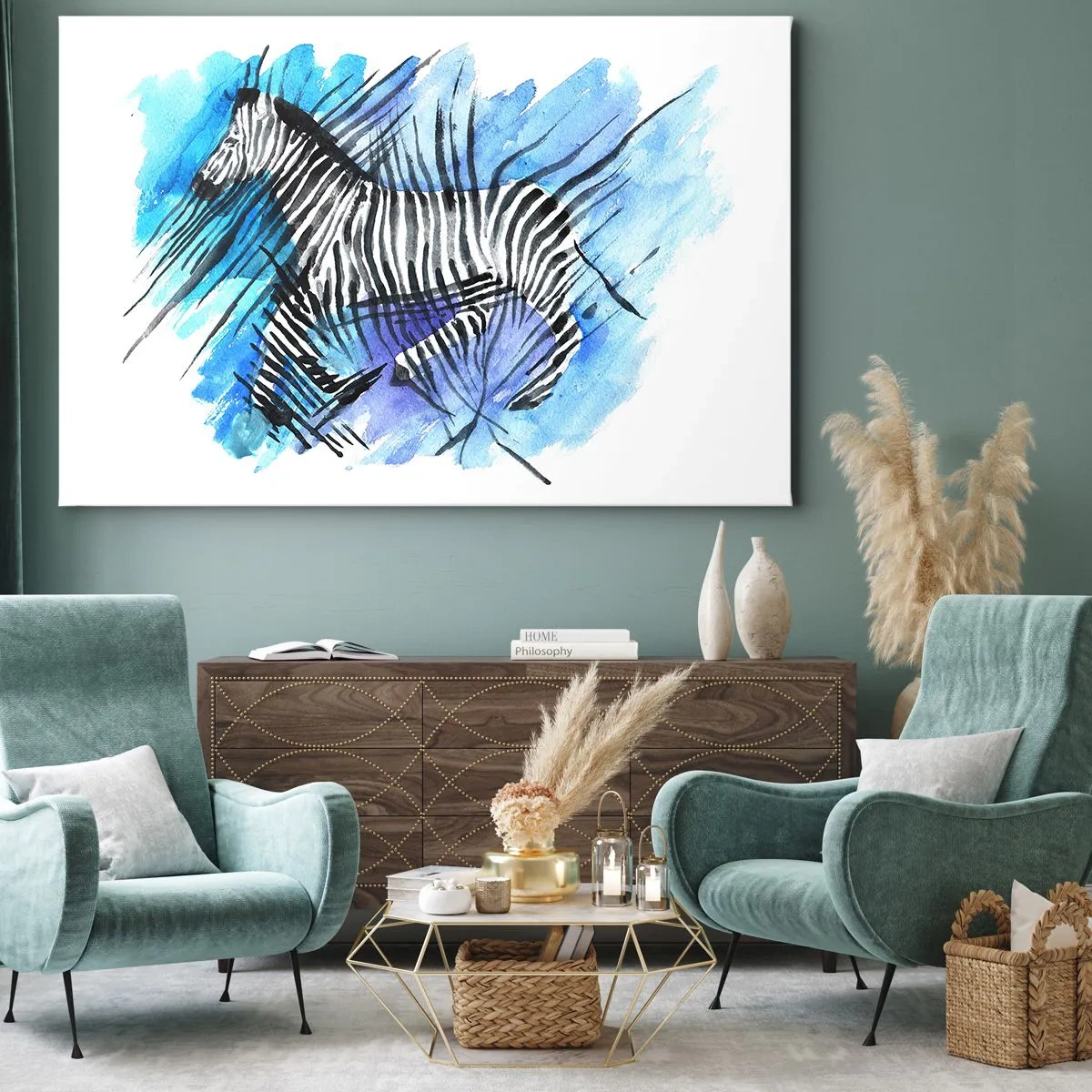 Canvastavla - Bild på duk - Akvarell illustration av en zebra mot en blå himmel - 70x50cm - Gömd i ränderna - Modern väggdekoration för vardagsrum och sovrum ARTTOR