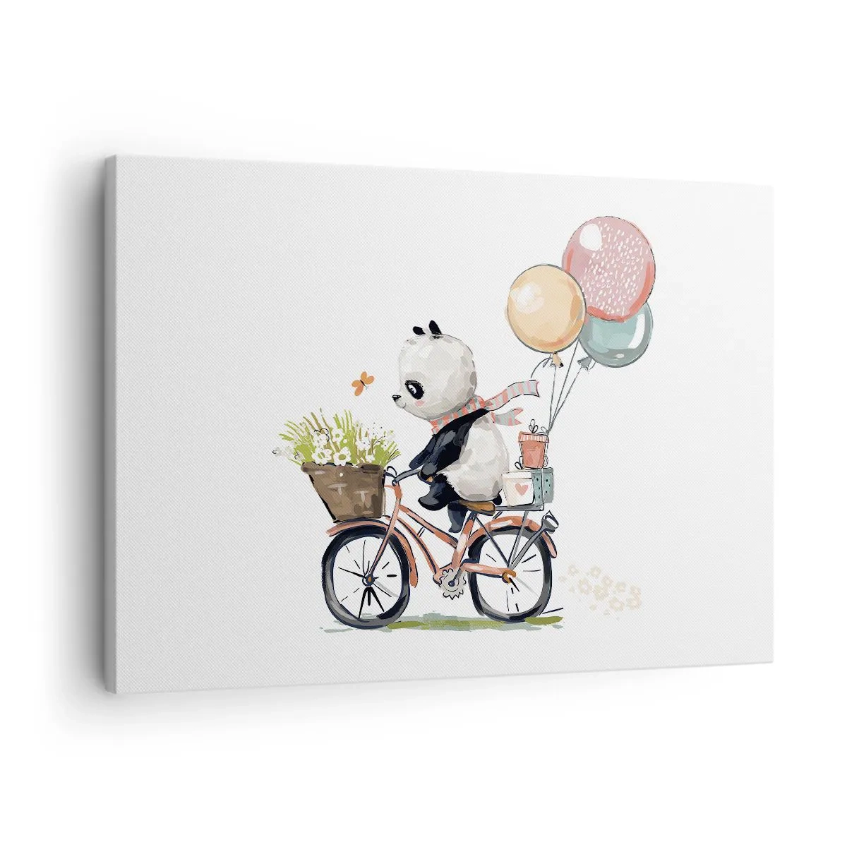 Canvastavla - Bild på duk - Panda på cykel med ballonger och blommor - 70x50cm - Lycklig dag - Modern väggdekoration för vardagsrum och sovrum ARTTOR