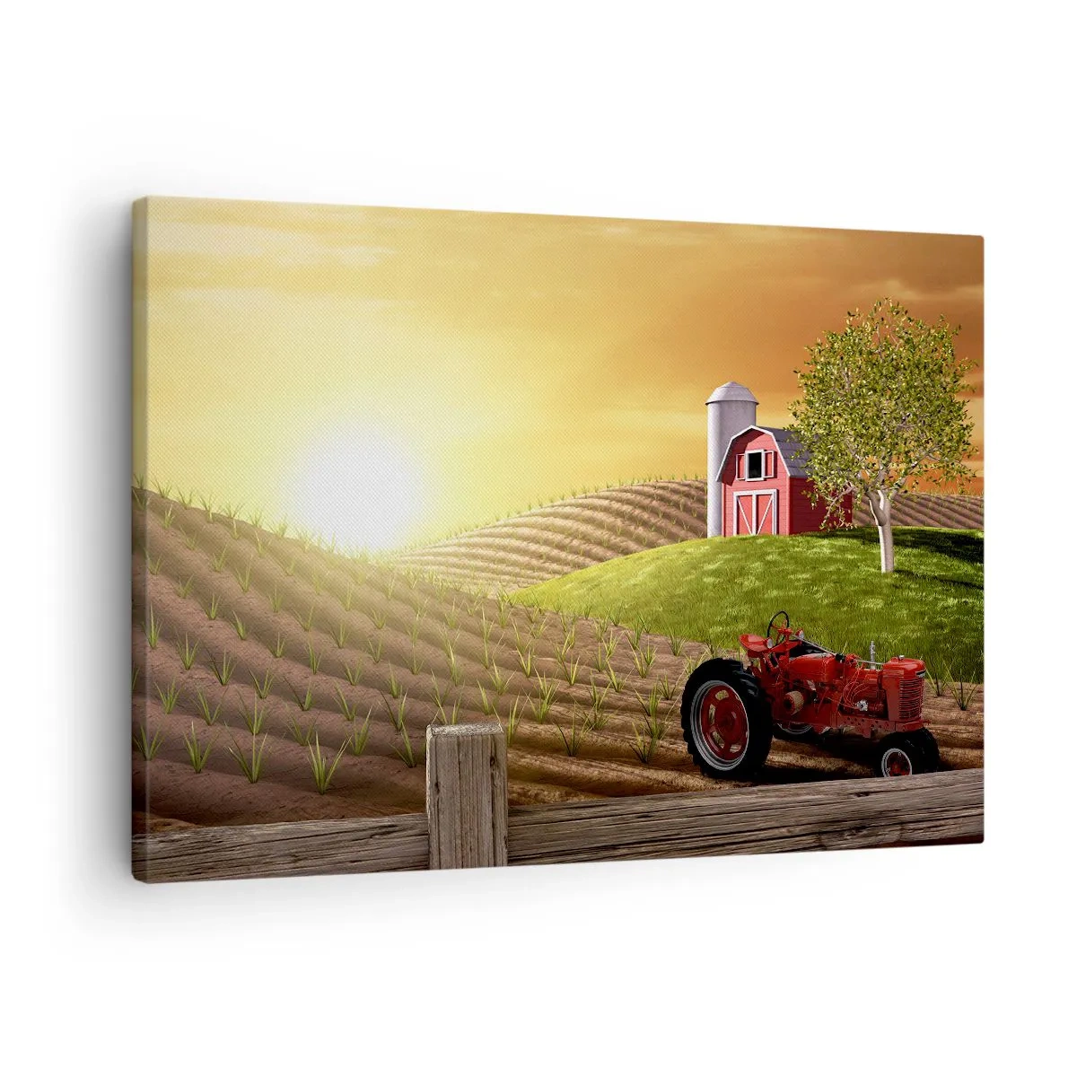 Canvastavla - Bild på duk - Lantligt landskap med en röd lada, traktor och soluppgång - 70x50cm - Sagolik farm - Modern väggdekoration för vardagsrum och sovrum ARTTOR