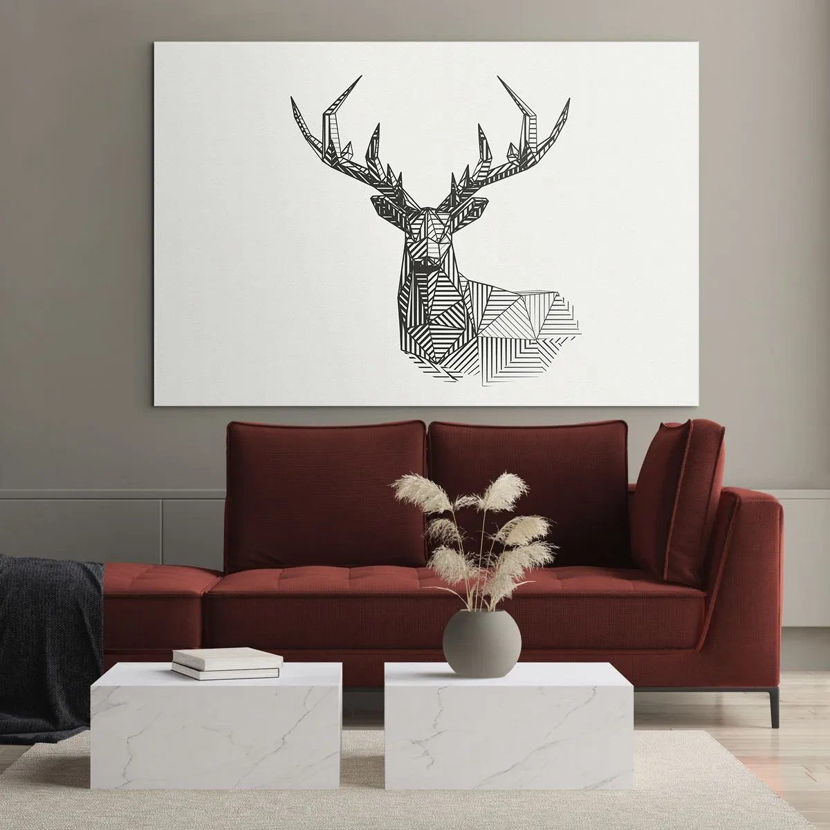 Glastavla - Bild på glas - Kubistiska rådjur gjorda av geometriska former på en vit bakgrund - 70x50cm - Hjort i kubistisk stil - Modern väggdekoration för vardagsrum och sovrum ARTTOR