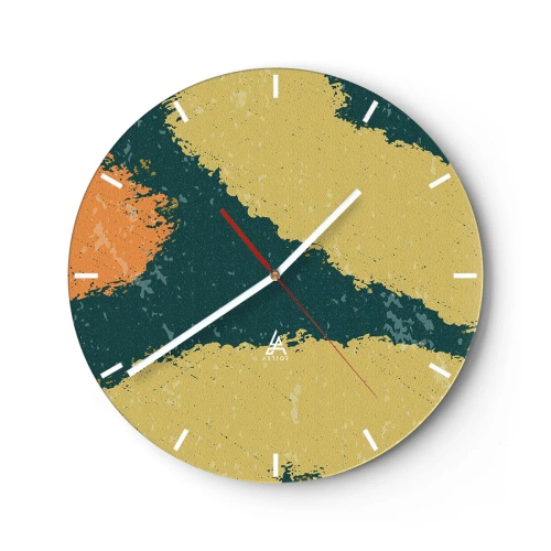 Väggklocka - Klocka på glas - Konstnärliga fläckar i nyanser av grönt, beige och orange - 30x30cm - Abstraktion - i slow motion - Modern väggdekoration för vardagsrum, kök och sovrum ARTTOR