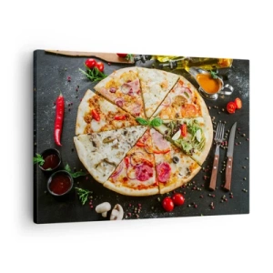 Canvastavla - Bild på duk - Pizza i olika smaker med en bakgrund av pålägg - 70x50cm - Smakurval - Modern väggdekoration för vardagsrum och sovrum ARTTOR