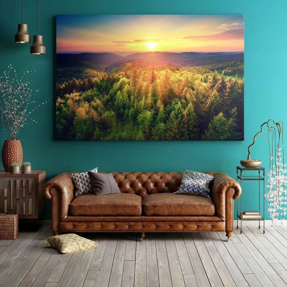 Canvastavla - Bild på duk - Skogslandskap med solnedgång över kullarna - 70x50cm - Trädtoppar och bergstoppar - Modern väggdekoration för vardagsrum och sovrum ARTTOR