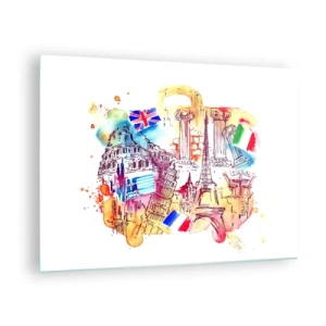 Glastavla - Bild på glas - Akvarell av europeiska monument med landsflaggor - 70x50cm - Europeisk turné - Modern väggdekoration för vardagsrum och sovrum ARTTOR