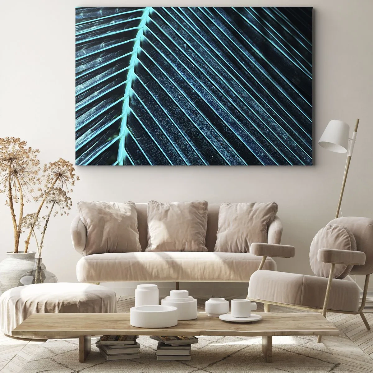 Canvastavla - Bild på duk - Makrofotografi av ett löv i nyanser av turkos och marinblått - 70x50cm - Grön textur - Modern väggdekoration för vardagsrum och sovrum ARTTOR
