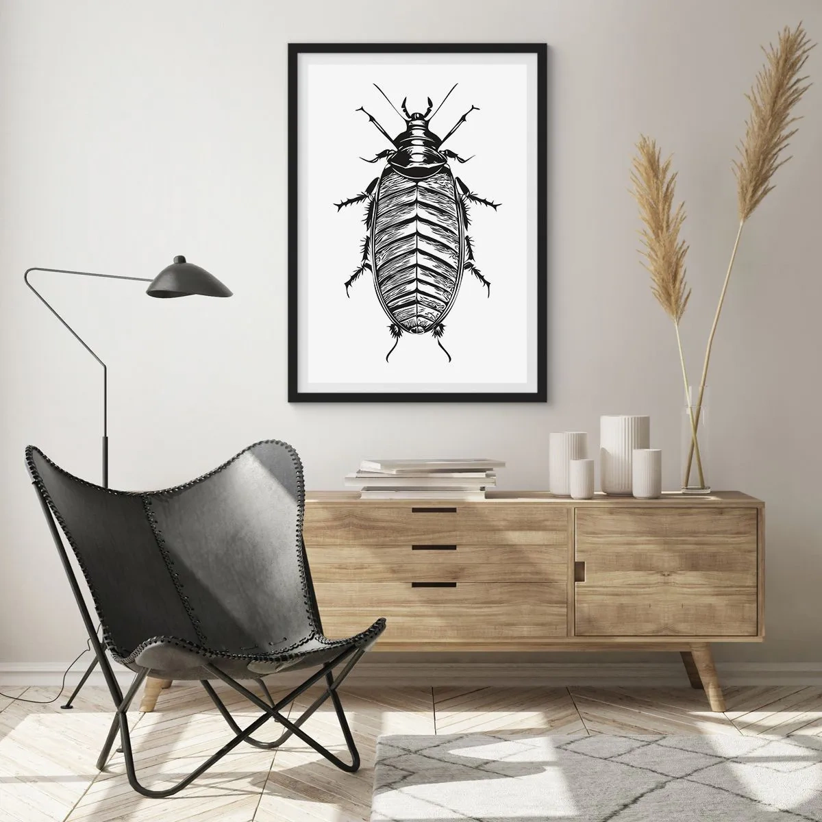 Affisch i svart ram - Svartvit illustration av en insekt i detaljhandelsstil - 50x70cm - Vilket exemplar! - Modern väggdekoration för vardagsrum och sovrum ARTTOR