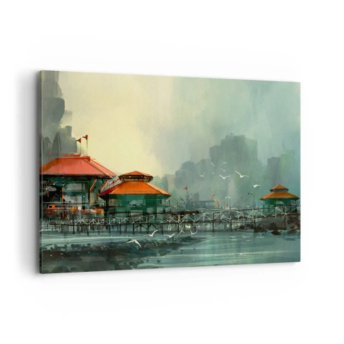 Canvastavla - Bild på duk - Duggig dag i hamnen - 120x80 cm