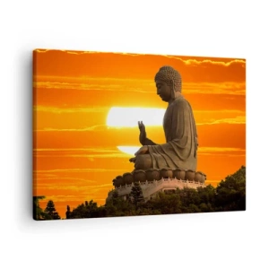 Canvastavla - Bild på duk - En buddhistisk staty mot bakgrund av en orange solnedgång - 70x50cm - Utan rädsla för världen - Modern väggdekoration för vardagsrum och sovrum ARTTOR