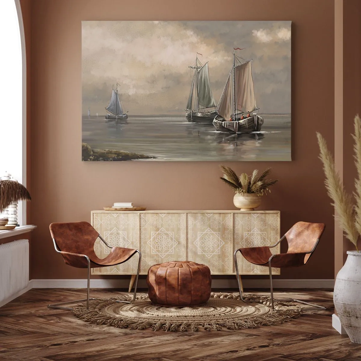 Canvastavla - Bild på duk - Segelbåtar på ett lugnt hav i en pastellfärgad miljö - 70x50cm - Seglarnas hemkomst - Modern väggdekoration för vardagsrum och sovrum ARTTOR
