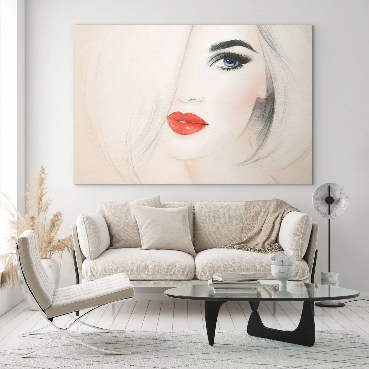 Glastavla - Bild på glas - Porträtt av en kvinna med ljust hår, röda läppar och blå ögon - 70x50cm - Hypnotiserar och bedårar - Modern väggdekoration för vardagsrum och sovrum ARTTOR