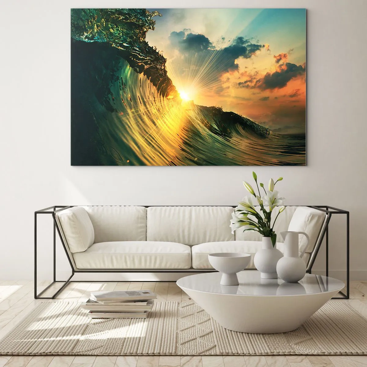 Glastavla - Bild på glas - Den nedgående solen lyser upp havets vågor - 70x50cm - Surfare, var är du? - Modern väggdekoration för vardagsrum och sovrum ARTTOR