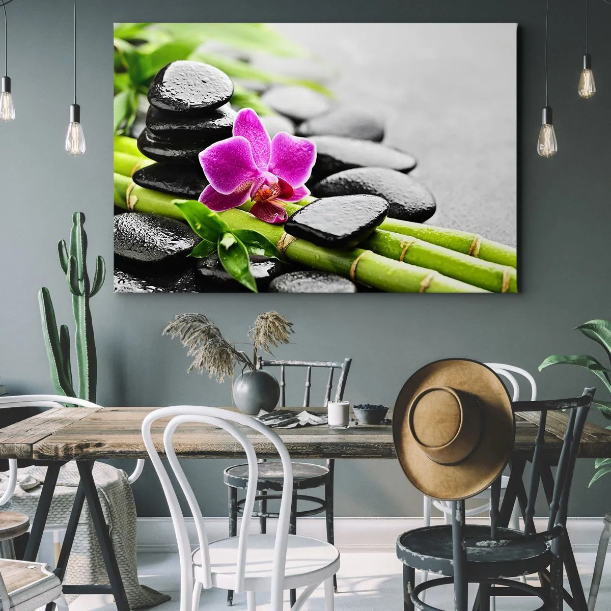 Canvastavla - Bild på duk - Lila orkidé, svarta stenar och bambu i en lugn komposition - 70x50cm - Lugn balans - Modern väggdekoration för vardagsrum och sovrum ARTTOR