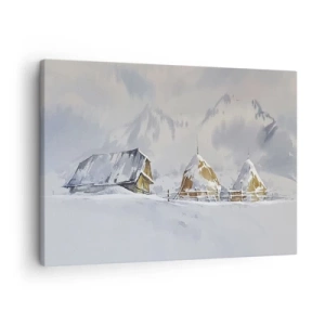 Canvastavla - Bild på duk - Vinterlandskap med en stuga och höstackar i bergen - 70x50cm - I snödalen - Modern väggdekoration för vardagsrum och sovrum ARTTOR