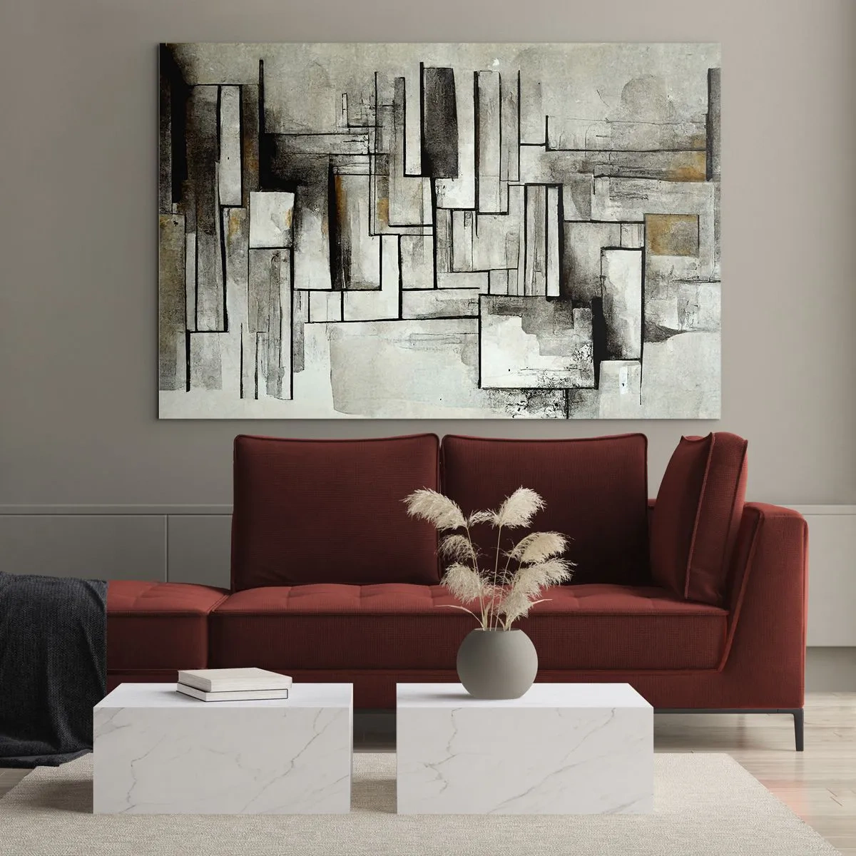 Glastavla - Bild på glas - Geometrisk komposition av rektanglar i dämpade gråtoner - 70x50cm - Kraften i enkelhet - Modern väggdekoration för vardagsrum och sovrum ARTTOR
