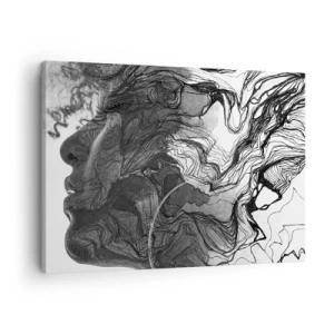 Canvastavla - Bild på duk - Abstrakt ansikte i svartvitt med dynamiska linjer. - 70x50cm - Tilltrasslad i drömmarna - Modern väggdekoration för vardagsrum och sovrum ARTTOR