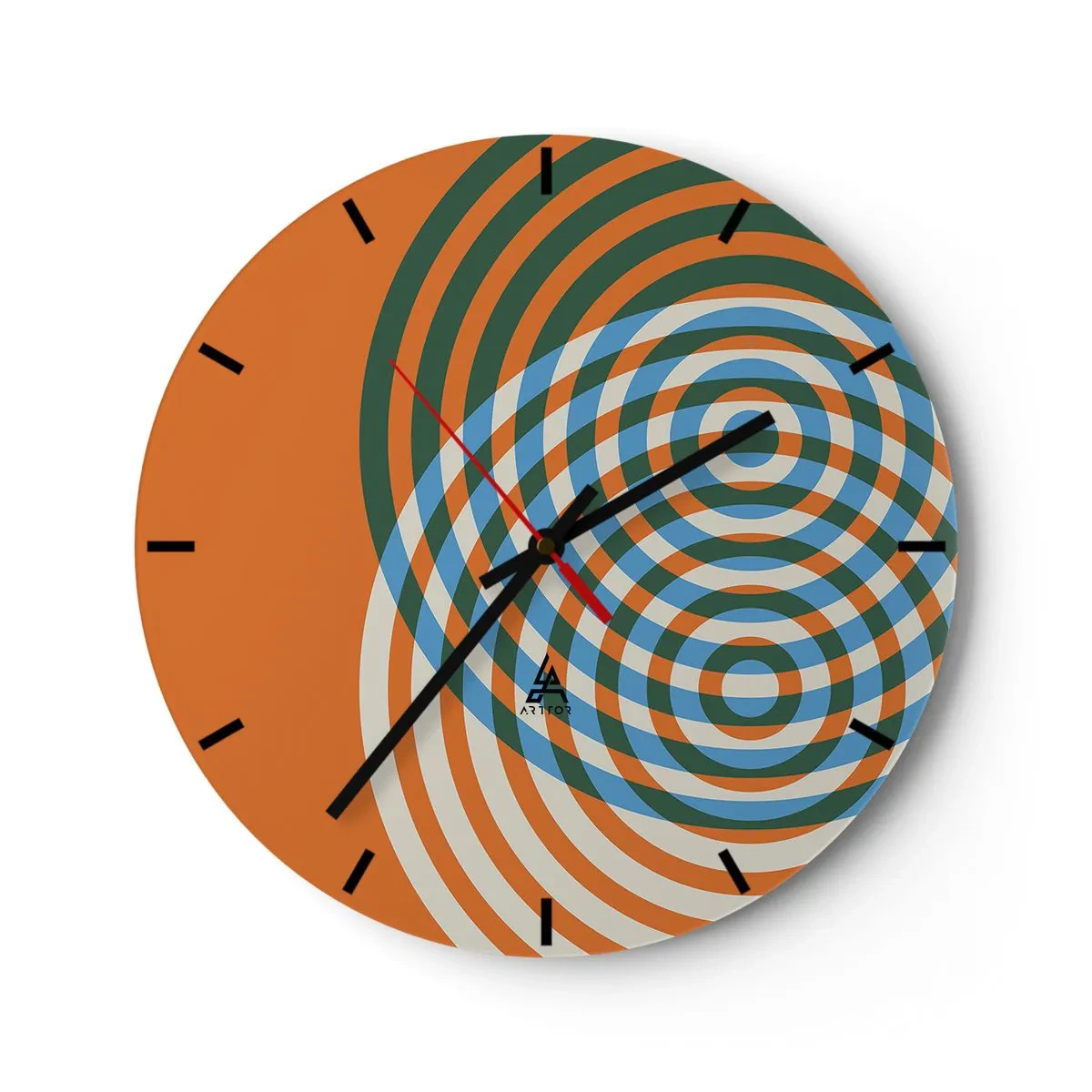 Väggklocka - Klocka på glas - Geometriskt mönster med koncentriska cirklar i varma färger - 30x30cm - Abstrakt cirkulär variation - Modern väggdekoration för vardagsrum, kök och sovrum ARTTOR