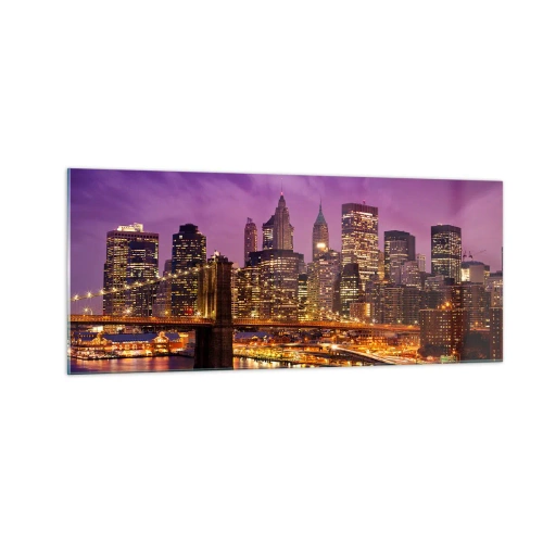 Glastavla - Bild på glas - Manhattan i violett och guld - 100x40 cm