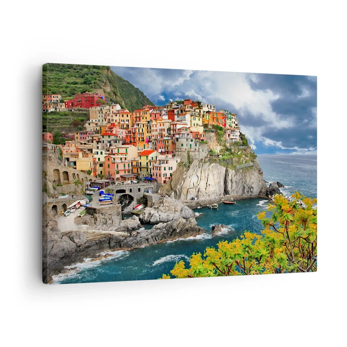 Canvastavla - Bild på duk - Färgglada hus på en klippa med utsikt över havet i Cinque Terre - 70x50cm - I bergets famn - Modern väggdekoration för vardagsrum och sovrum ARTTOR