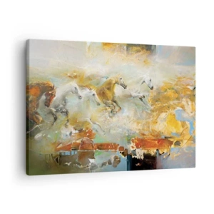 Canvastavla - Bild på duk - Konstnärliga hästar i en dynamisk och färgstark miljö - 70x50cm - Galopp genom ljuset - Modern väggdekoration för vardagsrum och sovrum ARTTOR