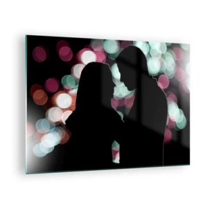Glastavla - Bild på glas - Silhuetter av ett par mot en bakgrund av färgglada bokeh-ljus - 70x50cm - Ja! - Modern väggdekoration för vardagsrum och sovrum ARTTOR