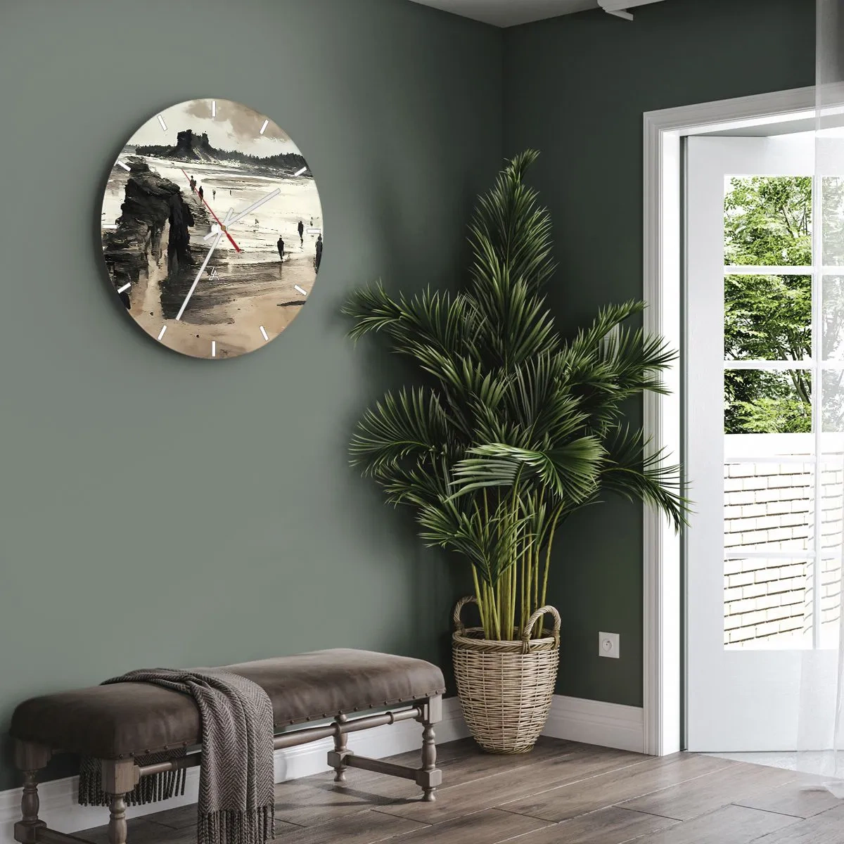 Väggklocka - Klocka på glas - Figurer som går på stranden med klippor i bakgrunden - 30x30cm - Framkallade - Modern väggdekoration för vardagsrum, kök och sovrum ARTTOR