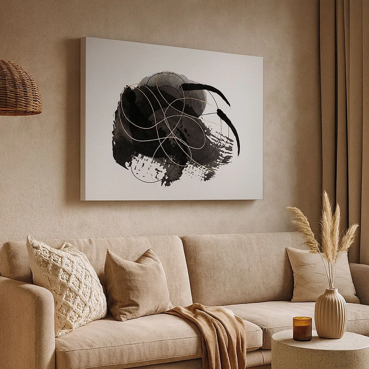 Canvastavla - Bild på duk - Abstraktion i svart och guld på vit bakgrund - 70x50cm - Uppkommen ur svärta - Modern väggdekoration för vardagsrum och sovrum ARTTOR