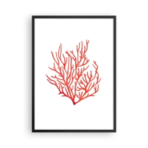 Affisch i svart ram - Röd korall på vit bakgrund i minimalistisk stil - 50x70cm - Filigran av korall - Modern väggdekoration för vardagsrum och sovrum ARTTOR