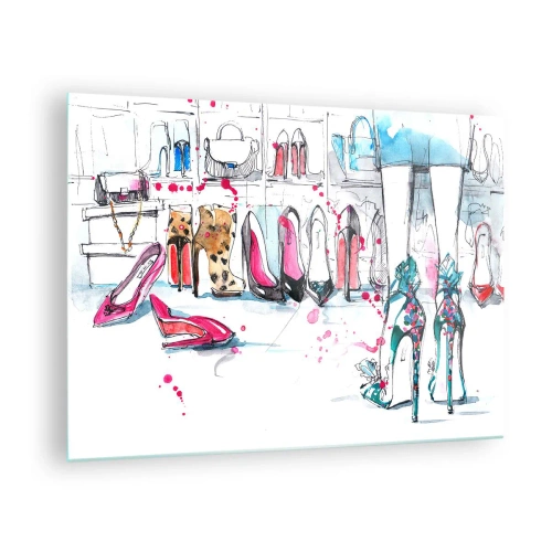 Glastavla - Bild på glas - Illustration av eleganta höga klackar i en butik - 70x50cm - Sesam, öppna dig - Modern väggdekoration för vardagsrum och sovrum ARTTOR