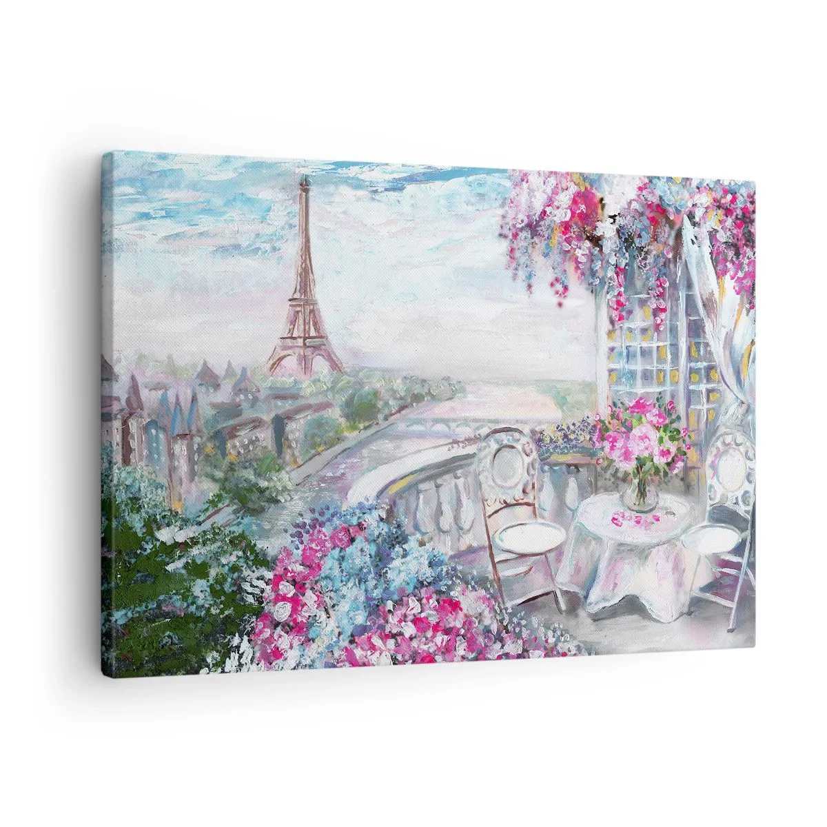 Canvastavla - Bild på duk - En romantisk utsikt över Paris med Eiffeltornet och en balkong full av blommor - 70x50cm - Här är vackrast i maj - Modern väggdekoration för vardagsrum och sovrum ARTTOR