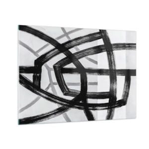 Glastavla - Bild på glas - Svarta och grå penseldrag skapar ett dynamiskt nätverk av linjer. - 70x50cm - Att skapa djupet - Modern väggdekoration för vardagsrum och sovrum ARTTOR