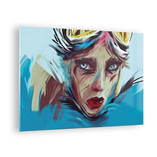 Glastavla - Bild på glas - Porträtt av en kvinna med skyddsglasögon och blå penseldrag - 70x50cm - Vägkämpe - Modern väggdekoration för vardagsrum och sovrum ARTTOR