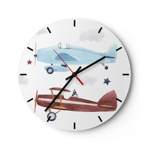 Väggklocka - Klocka på glas - Illustration av två flygplan i retrostil mot en molnig bakgrund - 30x30cm - Herr pilot, vi väntar! - Modern väggdekoration för vardagsrum, kök och sovrum ARTTOR
