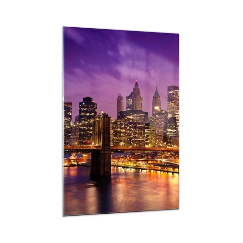 Glastavla - Bild på glas - Manhattan i violett och guld - 70x100 cm