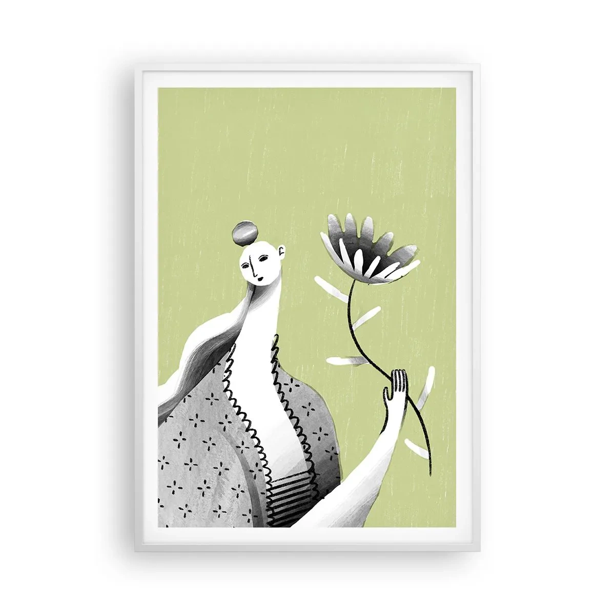 Affisch i vit ram - Modernistiskt porträtt - håller i en blomma - 70x100 cm
