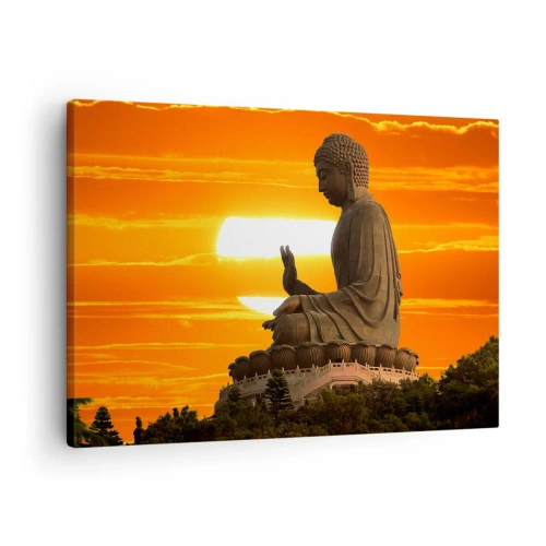 Canvastavla - Bild på duk - En buddhistisk staty mot bakgrund av en orange solnedgång - 70x50cm - Utan rädsla för världen - Modern väggdekoration för vardagsrum och sovrum ARTTOR