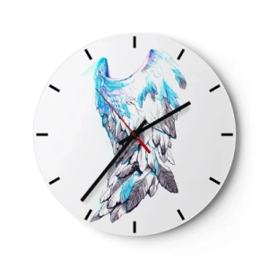 Väggklocka - Klocka på glas - Konstnärlig vinge i nyanser av blått och vitt mot en vit bakgrund - 30x30cm - Jag behöver vingar - Modern väggdekoration för vardagsrum, kök och sovrum ARTTOR