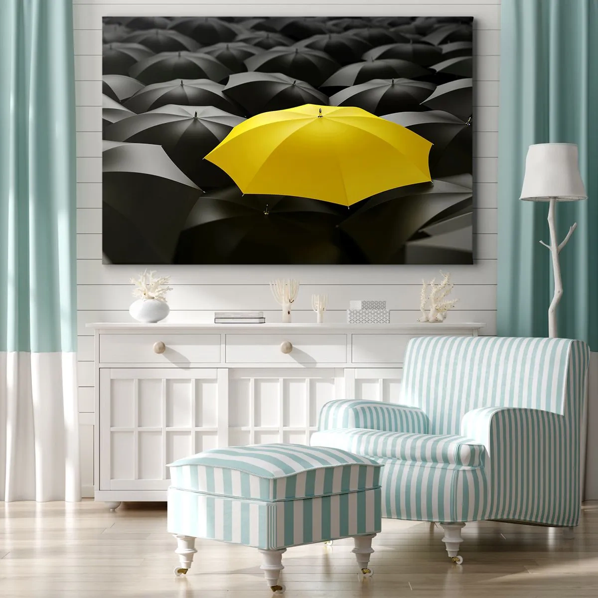 Canvastavla - Bild på duk - Ett gult paraply bland svarta paraplyer - 70x50cm - Farväl sorgen - Modern väggdekoration för vardagsrum och sovrum ARTTOR