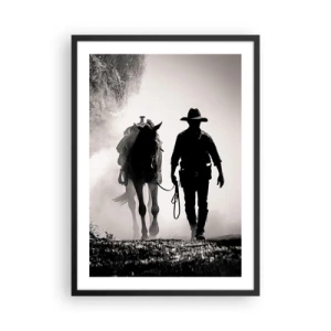 Affisch i svart ram - Silhuetten av en cowboy med sin häst i morgondimman - 50x70cm - En morgon i Texas - Modern väggdekoration för vardagsrum och sovrum ARTTOR