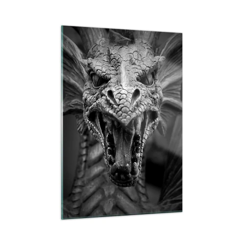 Glastavla - Bild på glas - En sagodrake i grånyans - 50x70 cm