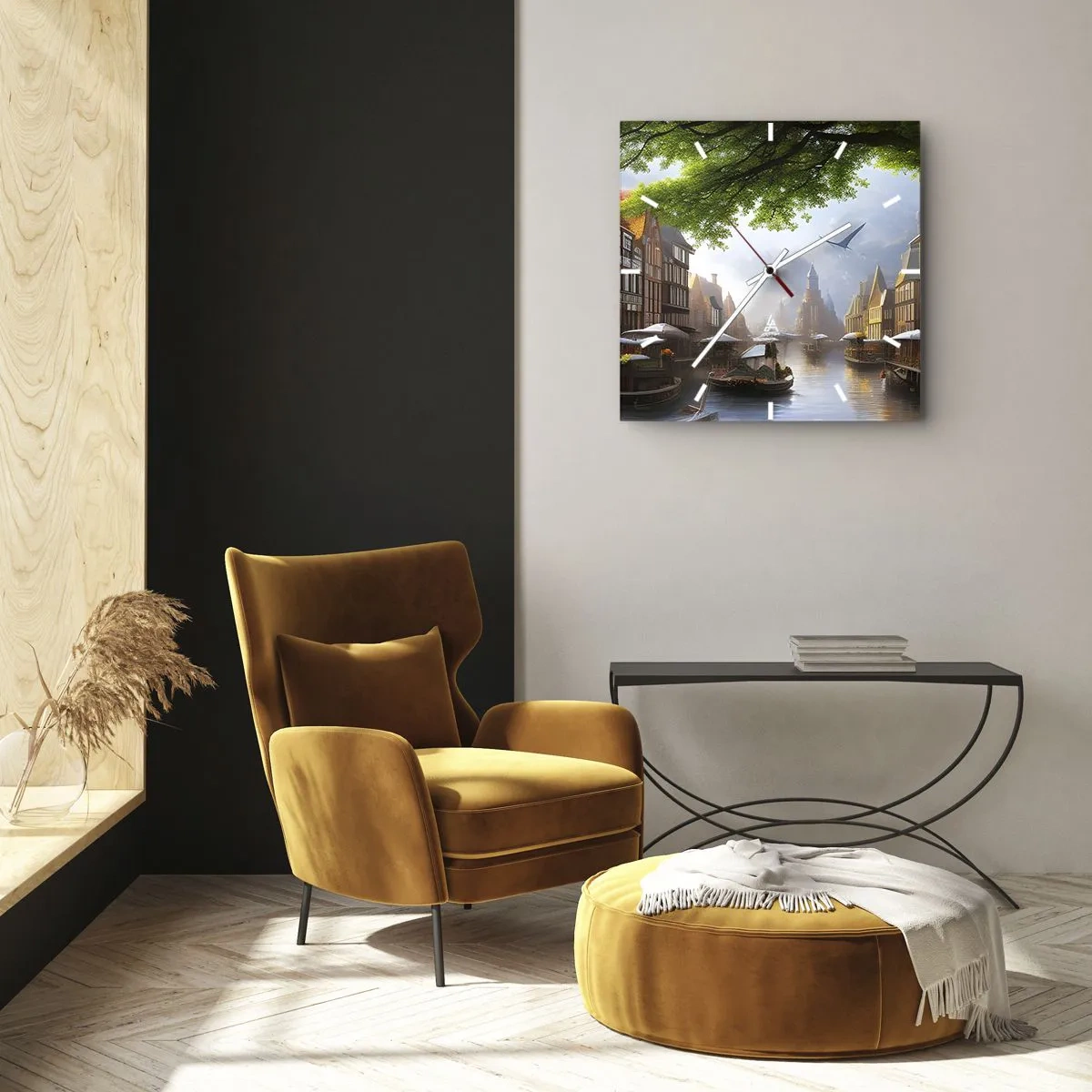 Väggklocka - Klocka på glas - Holländsk stadsbild - 40x40 cm