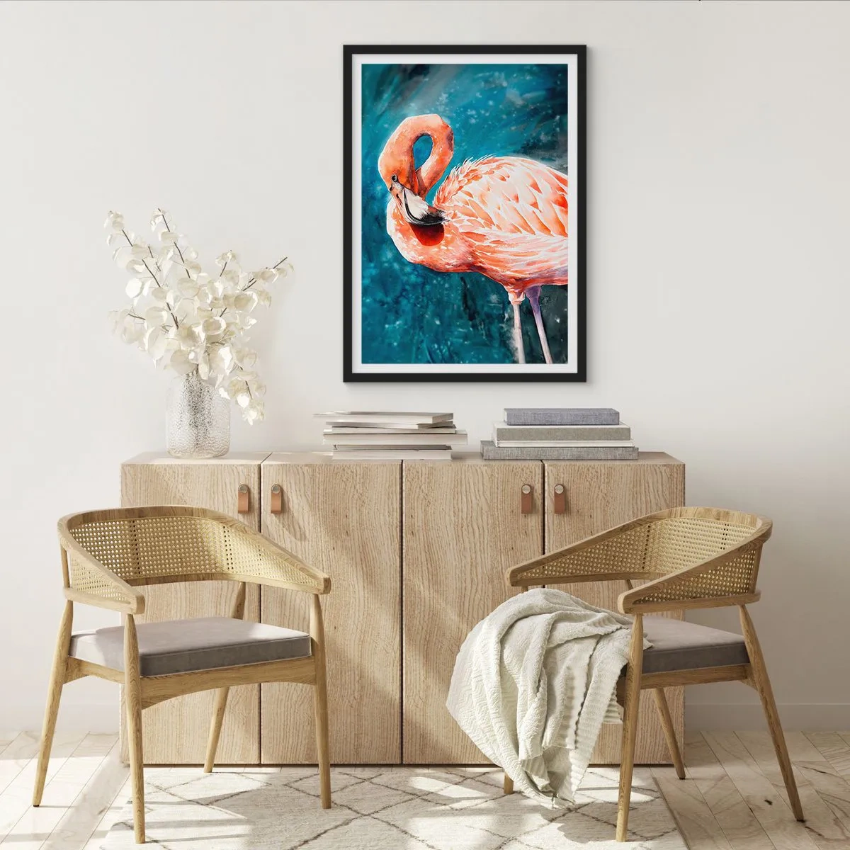Affisch i svart ram - En akvarell flamingo mot en turkos vattenbakgrund - 50x70cm - Dekorativt till sin natur - Modern väggdekoration för vardagsrum och sovrum ARTTOR