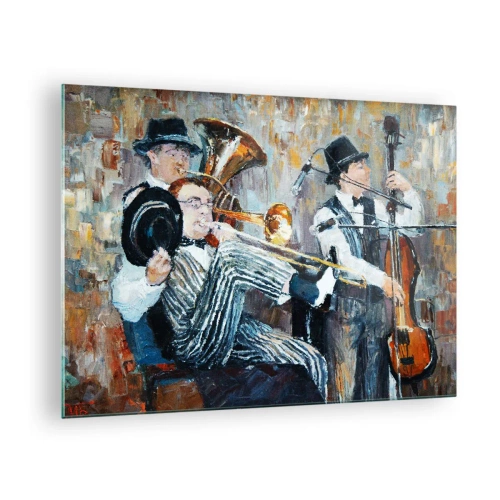 Glastavla - Bild på glas - Ett jazzband i en stämningsfull impressionistisk scen - 70x50cm - Hela den jazzmusiken - Modern väggdekoration för vardagsrum och sovrum ARTTOR