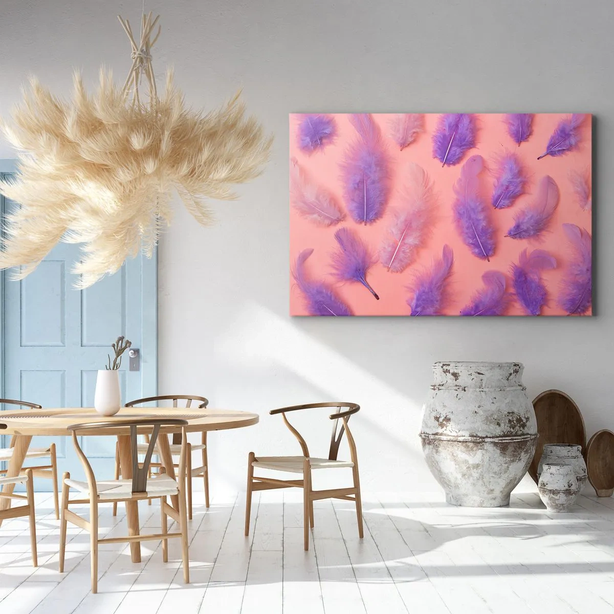 Canvastavla - Bild på duk - Lila och rosa fjädrar på en pastellbakgrund - 70x50cm - Lusten liljefågel - Modern väggdekoration för vardagsrum och sovrum ARTTOR