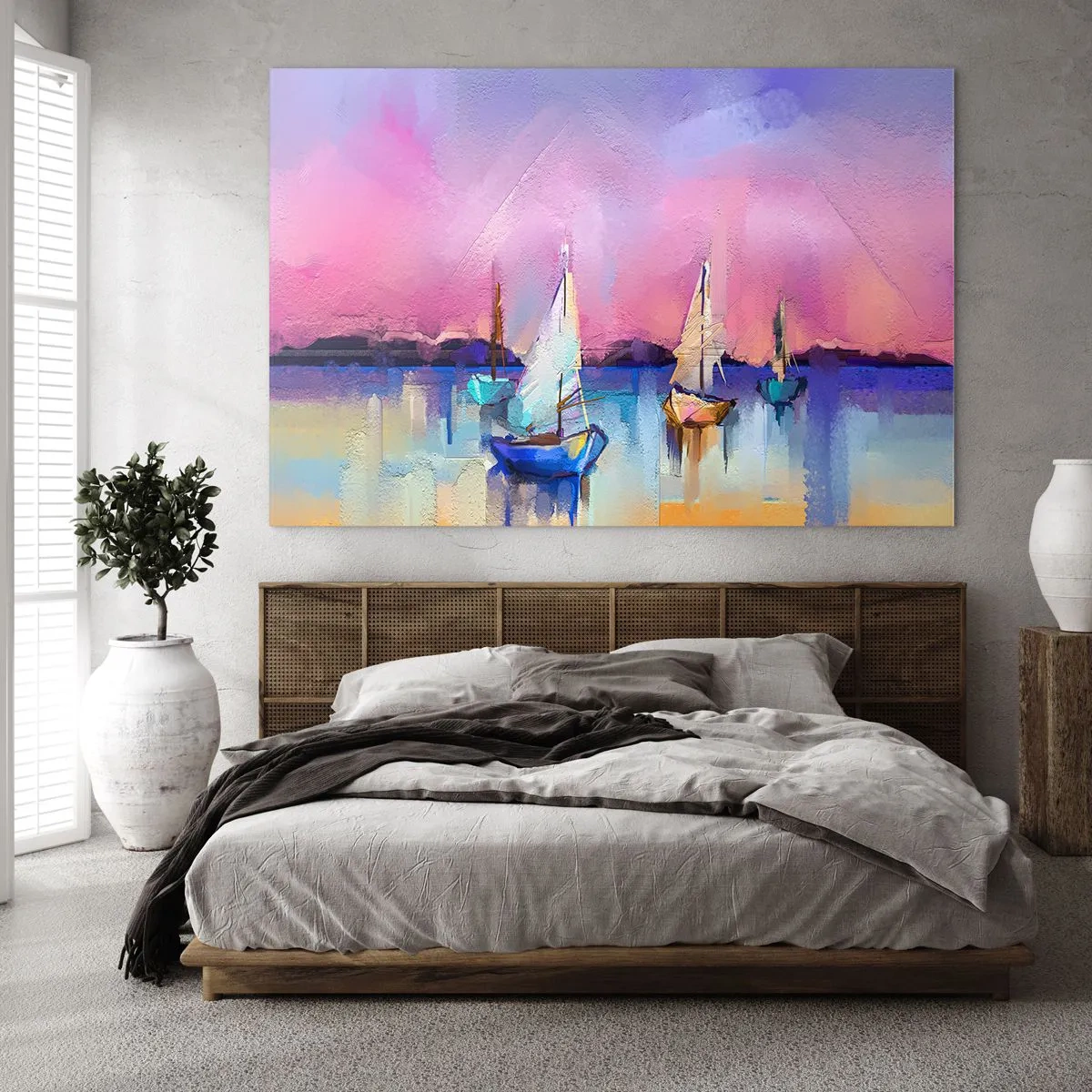 Glastavla - Bild på glas - Abstrakt marina med segelbåtar vid solnedgången - 70x50cm - Riktning: öppet vatten - Modern väggdekoration för vardagsrum och sovrum ARTTOR