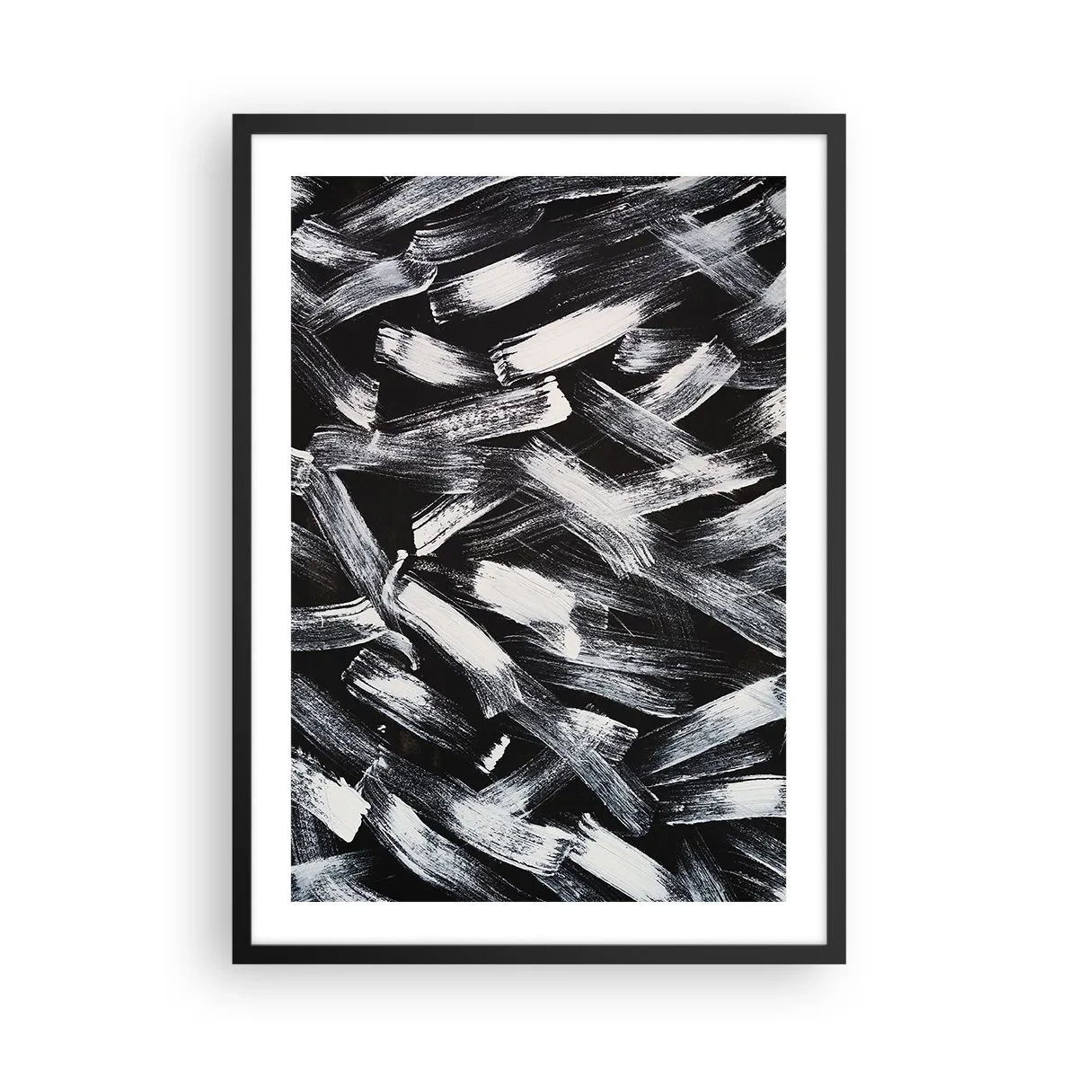 Affisch i svart ram - Abstrakta vita penseldrag på svart bakgrund - 50x70cm - Abstraktion i industriell anda - Modern väggdekoration för vardagsrum och sovrum ARTTOR